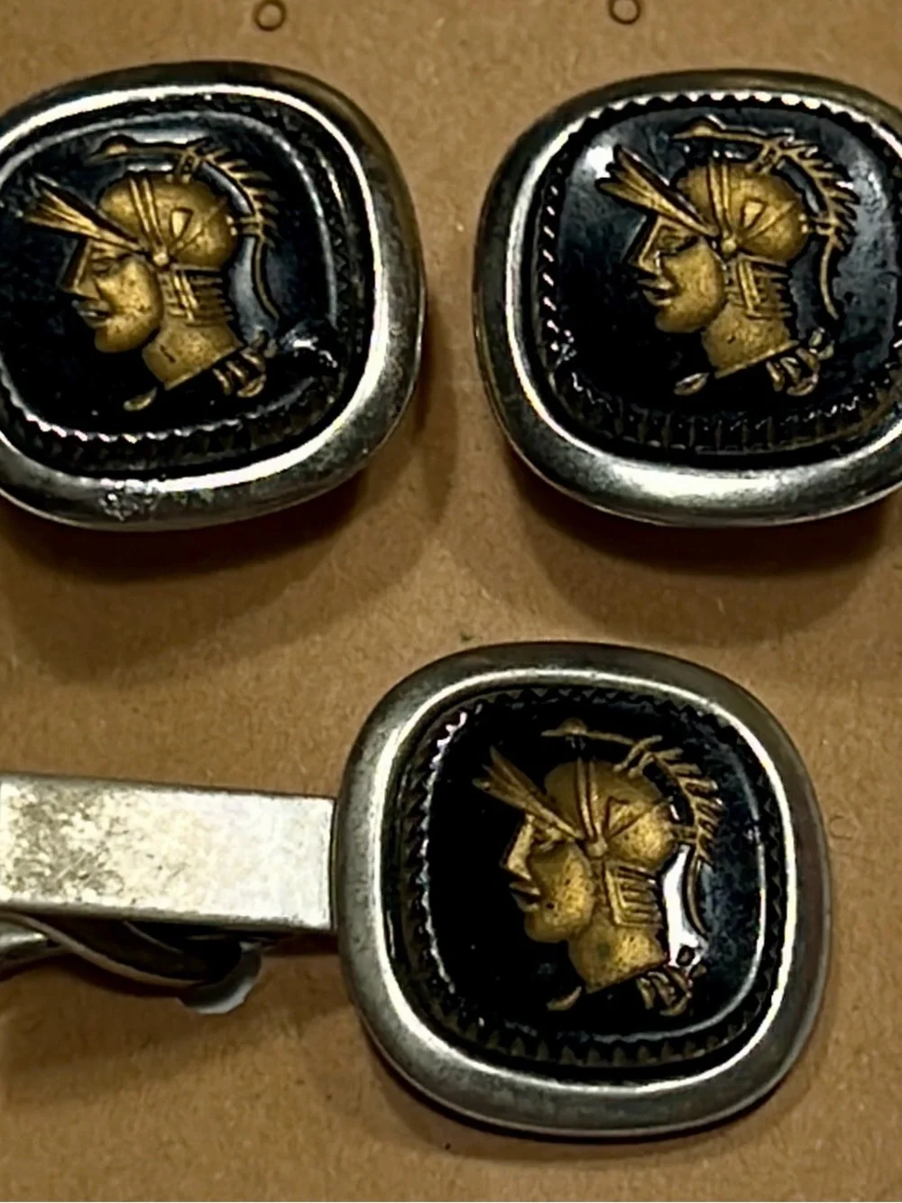 Vintage Tie Clip and Cufflinks Trojan Warrior Intaglio Black Gold .75